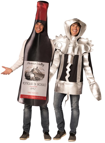 Winged Corkscrew & Get Real Bottle of Red Wine Couples Costume, Adult One Size